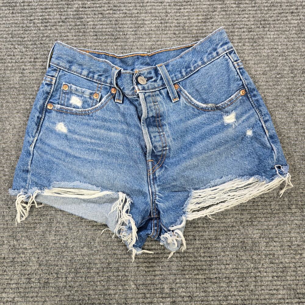 Levi's 501 Shorts Womens 25 Blue Distressed Button Fly Raw Hem Cutoff